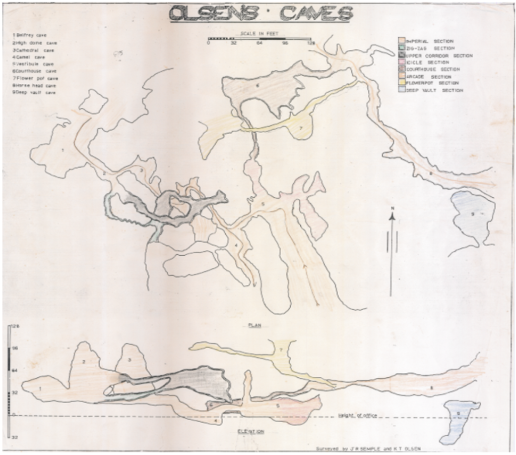 The hand drawn map of Capricorn Caves created in 1968 by Semple and Olsen. 